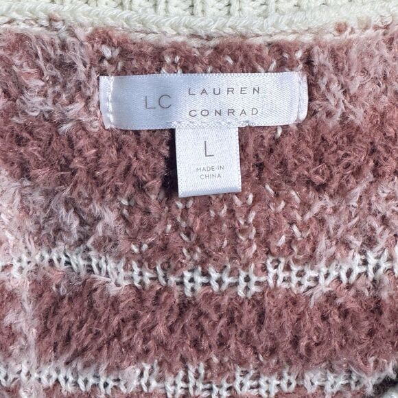 LC Lauren Conrad Women's L Pink / Cream Plaid Soft Plushy Cardigan Sweater - Picture 4 of 6